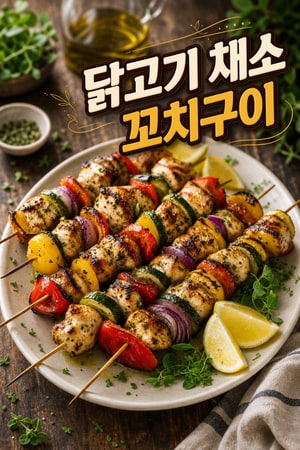 그릴에 구운 닭꼬치와 마리네이드 야채