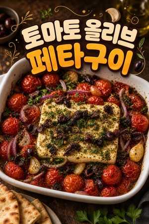 토마토와 올리브를 올린 구운 페타