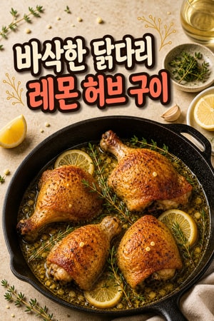 레몬 허브 갈릭 팬로스트로 만든 바삭한 뼈있는 닭다리 구이, 화이트와인 소스 한끼 주중 저녁용