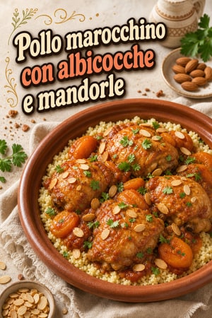 Pollo marocchino brasato lentamente con albicocche e mandorle