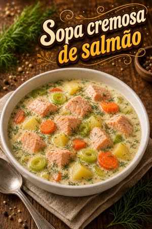 Sopa cremosa nórdica de salmão e endro — reconfortante
