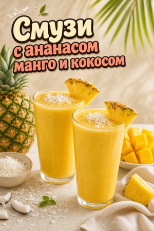 Тропический смузи с ананасом, манго и кокосом