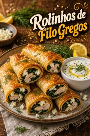 Rolinhos de Filo Gregos com Frango, Feta e Espinafres