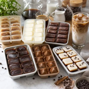 Assorted frozen coffee cubes ready for batch prep