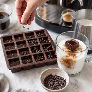 Chocolate chips added to espresso molds