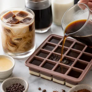 Layered coffee and cream cubes in a tray