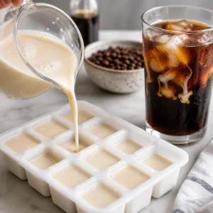 Vanilla milk poured into an ice cube tray