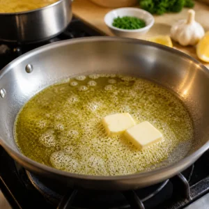 Butter melting into olive oil in a hot skillet
