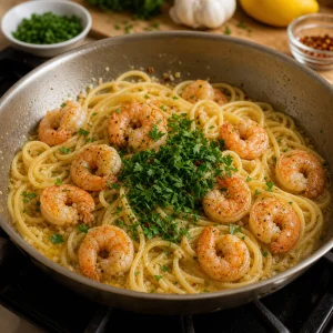 Cooked shrimp, linguine, and parsley added back to the skillet