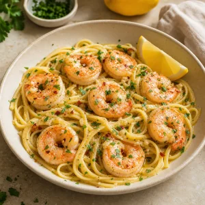 Finished shrimp scampi served with lemon and fresh parsley