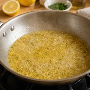 Lemon white wine sauce bubbling and reducing in a skillet