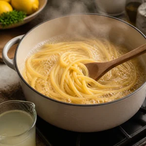 Linguine boiling in a large pot of salted water
