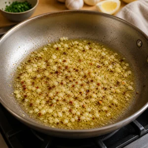 Minced garlic and red pepper flakes sizzling in melted butter
