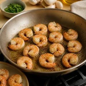 Seasoned shrimp searing in a single layer in a skillet