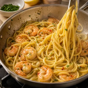 Shrimp and linguine tossed in glossy lemon garlic butter sauce