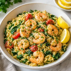 Fertige Zitronen-Knoblauch-Garnelen mit Orzo und Zitronenspalten