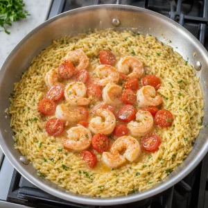 Garnelen und Kirschtomaten garen in der Mitte der Orzo-Pfanne