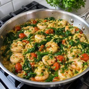 Spinat und Petersilie unter Garnelen, Tomaten und Orzo geruehrt