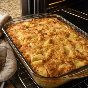 Golden baked apple custard cake cooling in a glass baking dish