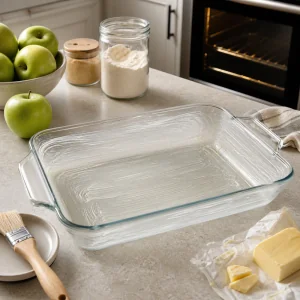 Greasing a 9x13-inch baking dish before making apple custard cake