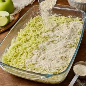 Layering grated apples and dry mix in a glass baking dish