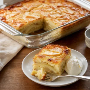 Served slice of apple custard cake with tender apple filling and cream