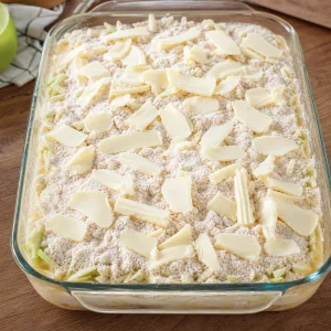Unbaked apple custard cake topped with dry mix and cold butter pieces