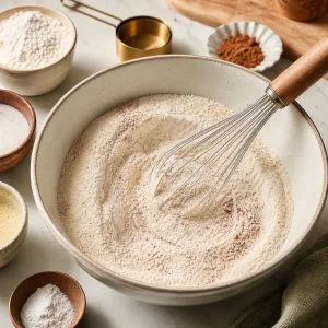 Whisking sugar, flour, semolina, baking powder, salt, and cinnamon in a bowl