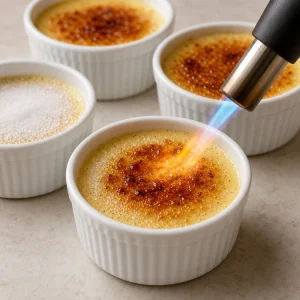 Un cannello da cucina caramella lo zucchero sulla creme brulee alla vaniglia