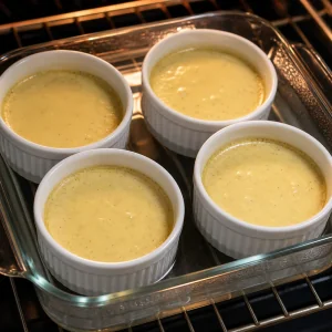 Creme alla vaniglia cotte con bordi rassodati nei ramequin a bagnomaria