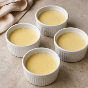 Quattro creme alla vaniglia rassodate che raffreddano in ramequin bianchi su un piano in pietra