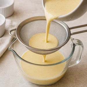 Crema alla vaniglia liscia versata attraverso un colino fine in una caraffa graduata