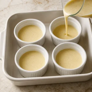 Crema alla vaniglia versata uniformemente in quattro ramequin bianchi in una teglia