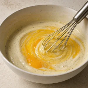 Crema alla vaniglia con tuorli d'uovo mescolata con una frusta in una ciotola