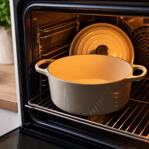 Olla holandesa vacía precalentándose dentro del horno
