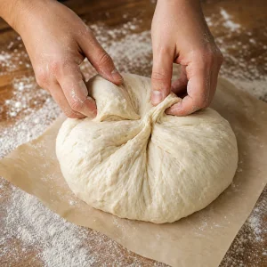 Masa levada doblada en forma redonda sobre papel de horno