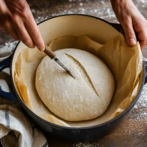 Masa marcada sobre papel de horno dentro de una olla holandesa