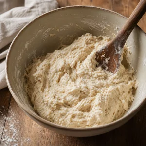 Masa húmeda e irregular removida con una cuchara de madera