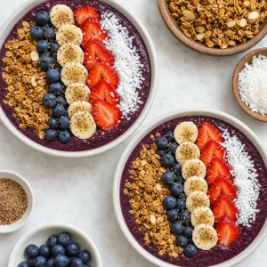 Acai smoothie bowls topped with granola, coconut, banana, strawberries, blueberries, and flaxseed