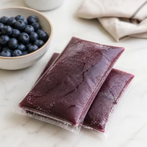 Frozen acai packets resting briefly on the counter with fresh blueberries