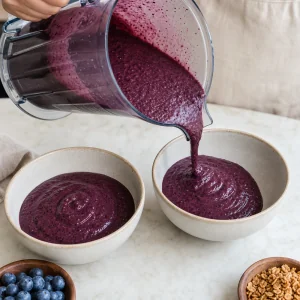 Thick acai-blueberry smoothie mixture poured from a blender into two bowls