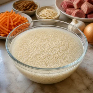 Ryż basmati namaczany w szklanej misce z wodą