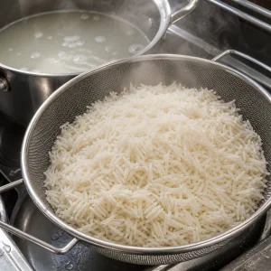 Obgotowany ryż basmati odsącza się na sitku