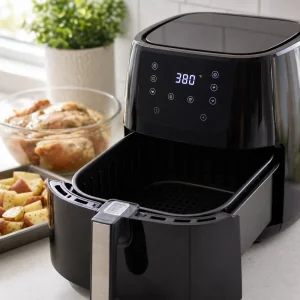 Air fryer preheating to 380 degrees with the empty basket ready