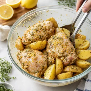 Chicken thighs and potatoes tossed in lemon herb marinade