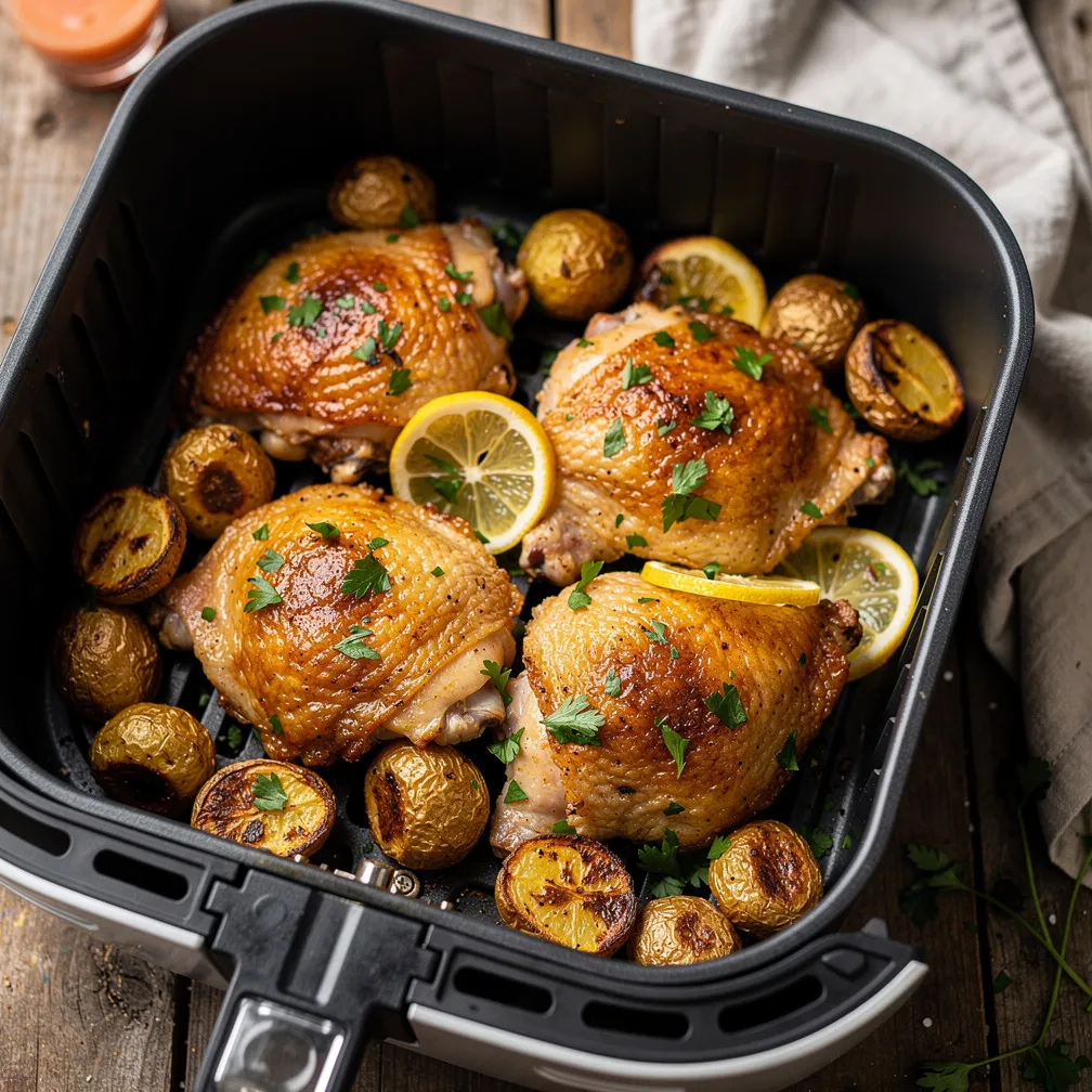 Crispy air-fried chicken thighs and golden roasted potatoes garnished with parsley in a basket