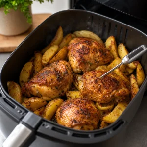 Crispy chicken thighs and golden potatoes cooked in the air fryer basket