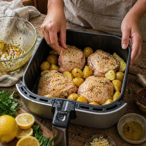 Air Fryer Lemon Herb Chicken Thighs and Potatoes