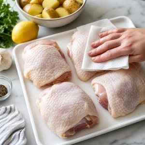 Raw chicken thighs patted dry with paper towels for crisp skin