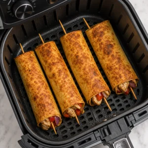 Espetinhos kebab com tortilla na air fryer cozidos ate ficarem dourados e crocantes